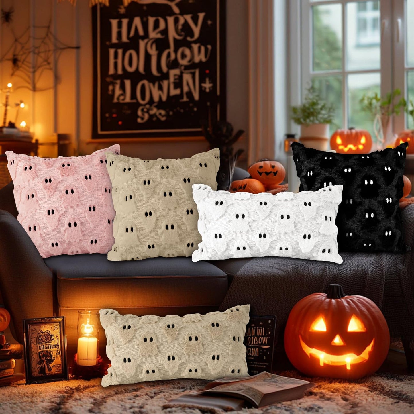 Lanpn Halloween Pillow Covers 18x18 Set of 2, Ghost Throw Pillowcases Soft Plush Faux Fur Wool Decorative Pillow Cover 18x18 Cushion Covers for Sofa Couch Chair Bed Halloween Home Decor (Black)