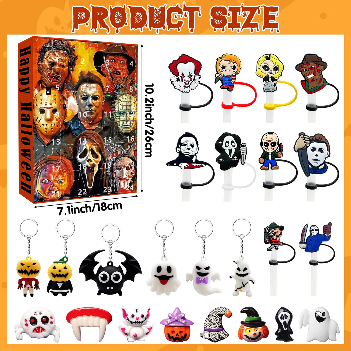 C1krint 2025 Halloween Advent Calendar - Contain 24 Gifts Horror Movie Character Advent Calendar Straw Topper Keychains Figures Toy for Kids Halloween Christmas Countdown Calendar Birthday Party Gifts