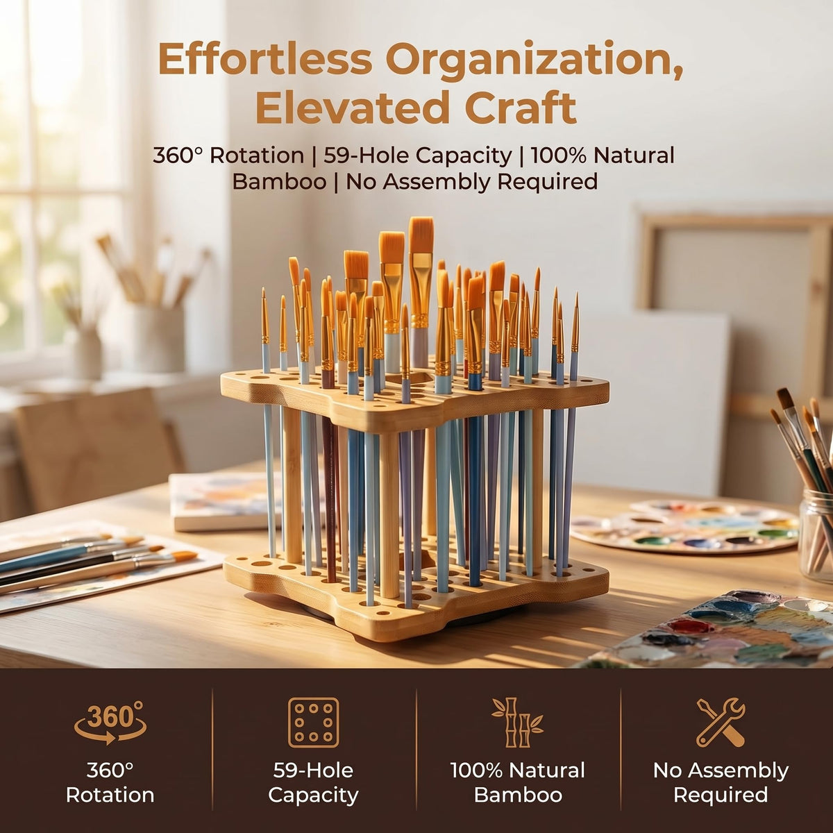 Cedilis 2 Pack Rotating Paint Brush Holder, 59 Holes Bamboo Paintbrush Holder Organizer for Pen, Pencil, Watercolor Brushes, Artist, No Assembly Required