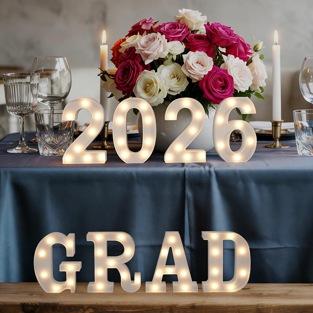 Marquee Letters Numbers Light up Numbers Letters Graduation Decoration GRAD 2026 Battery Powered LED Light White Plastic Letter Number Sign for Class of 2026 Graduation Decorations