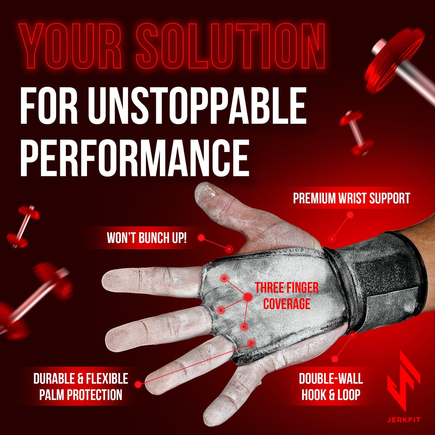 JerkFit WODies Gymnastics & Weightlifting Grips with Wrist Wraps – 3 Hole Versatile Gym Gloves for Pull Ups, Gym Training & Cross Training – Hand Grips Palm Protector for Men & Women (Black, S)