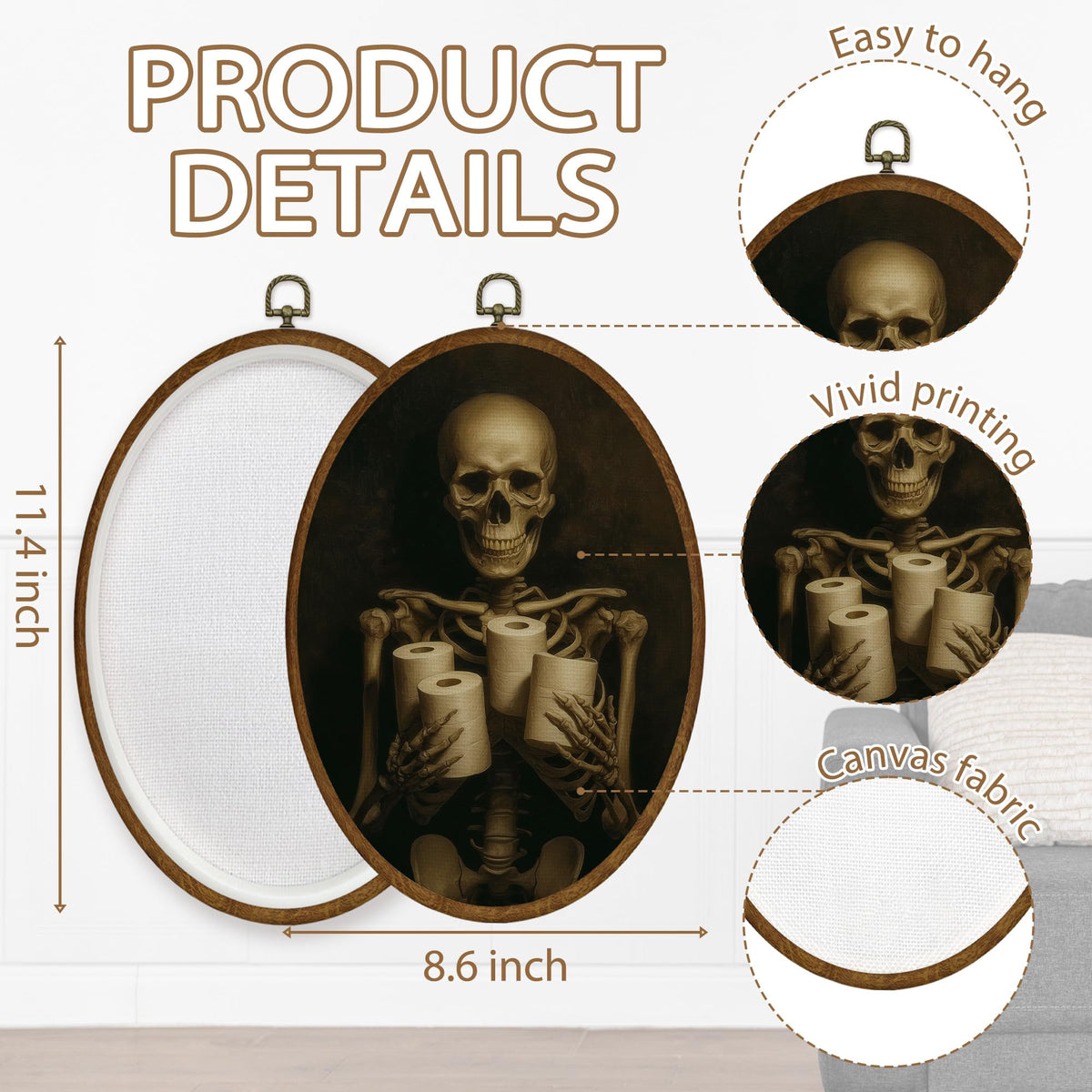 WULQYING Funny Gothic Skeleton Bathroom Wall Art Decor, Dark Academia Skeleton Oval Framed Canvas Art Prints, Halloween Wall Hanging Decor for Home Bathroom Washroom Restroom Toilet, 8.6x11.4 Inches