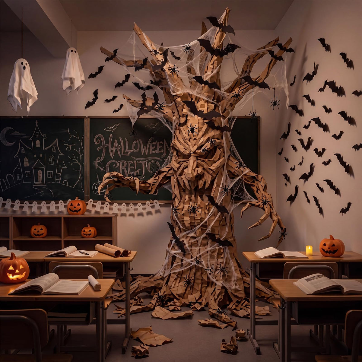 Jetec 92 Pcs Halloween Spooky Tree DIY Wall Decor Kit 56 Bats and 30 Pcs 3D Spider 2 Rolls Brown Kraft Paper with Webs Large Creepy Tree Trunk Craft for Haunted House Indoor Outdoor Home Decoration