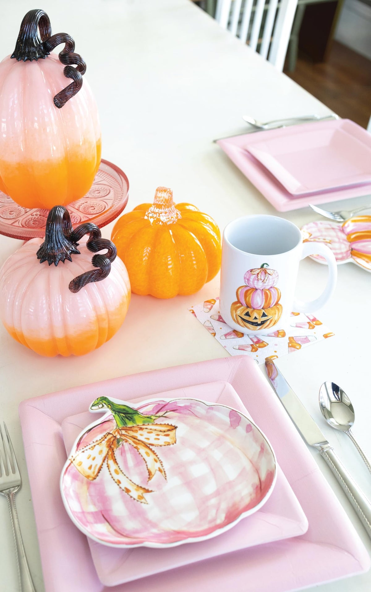 Boston International Handblown Art Glass Pumpkin Thanksgiving Halloween Decorations for Home, Large, Ombre Pink & Orange