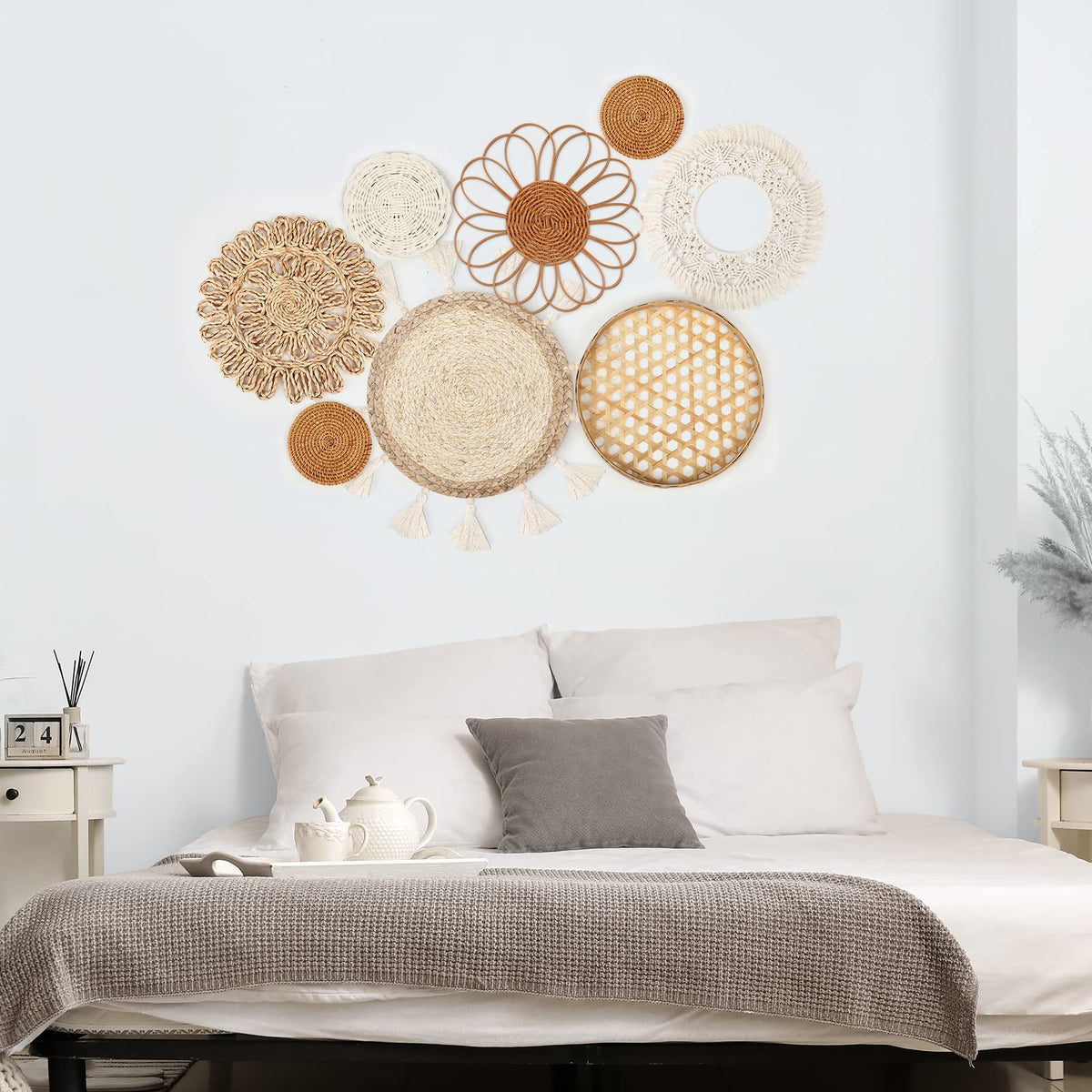 Marsui Set of 8 Boho Wall Hanging Set - Woven Rattan, Bamboo Baskets with Macrame Tassels & Tapestry for Bedroom, Living Room, Nursery Decor