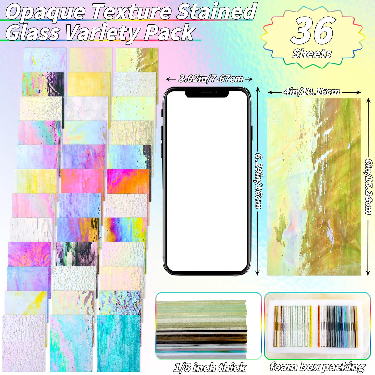 36 Sheets Iridescent Stained Glass Sheet Variety Pack, 4 X 6 inch Cathedral Art Glasses for Home Decor, Stained Glass Supplies for Glass Projects and Mosaic Crafts