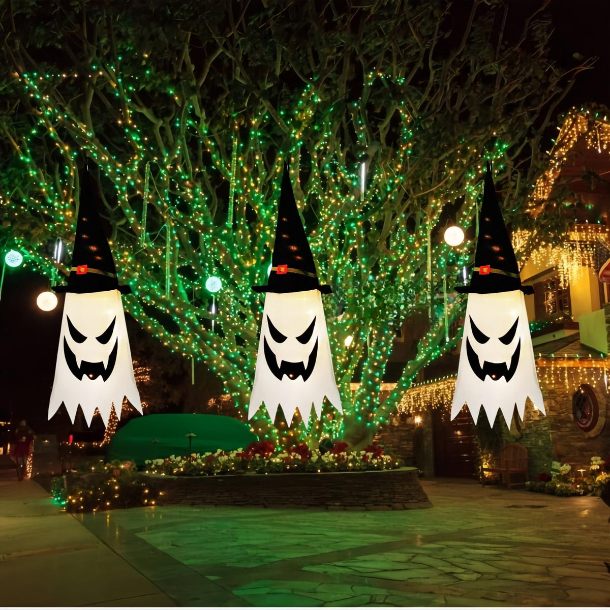 31.5" (3Pcs) Halloween Decorations Outdoor Indoor Hanging Ghosts Witch Hat, Glowing Witch Hat Halloween Ghost Decor for Room,Yard,Garden,Tree,Eaves,Party