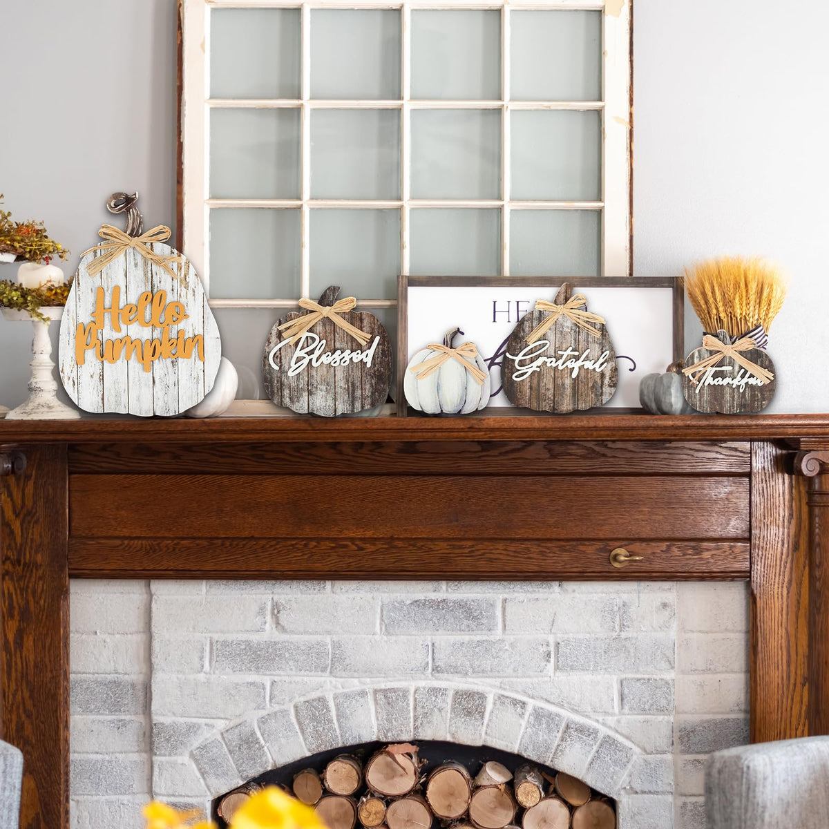 JarThenaAMCS 5 Pcs Hello Pumpkin Fall Decor Blessed Grateful Thankful Thanksgiving Decor Farmhouse Wood Pumpkin Table Centerpieces Autumn Desktop Decorations for Harvest Home Kitchen Decorations