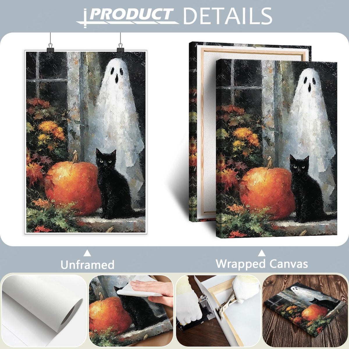Horror Ghost Canvas Wall Art,Halloween Black Cat Poster Print,Dark Academia Wall Decor For Home Bedroom Living Room 12X18 in Unframed