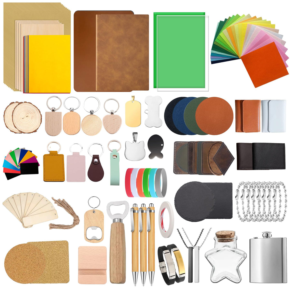 144 PCS Laser Engraving Material Kit, 29 Kinds of Laser Engraving Supplies Including Acrylic, Wood, PU Leather, Glass, Metal, Rock, Fabric, Rubber Materials for Laser Cutter Engraver
