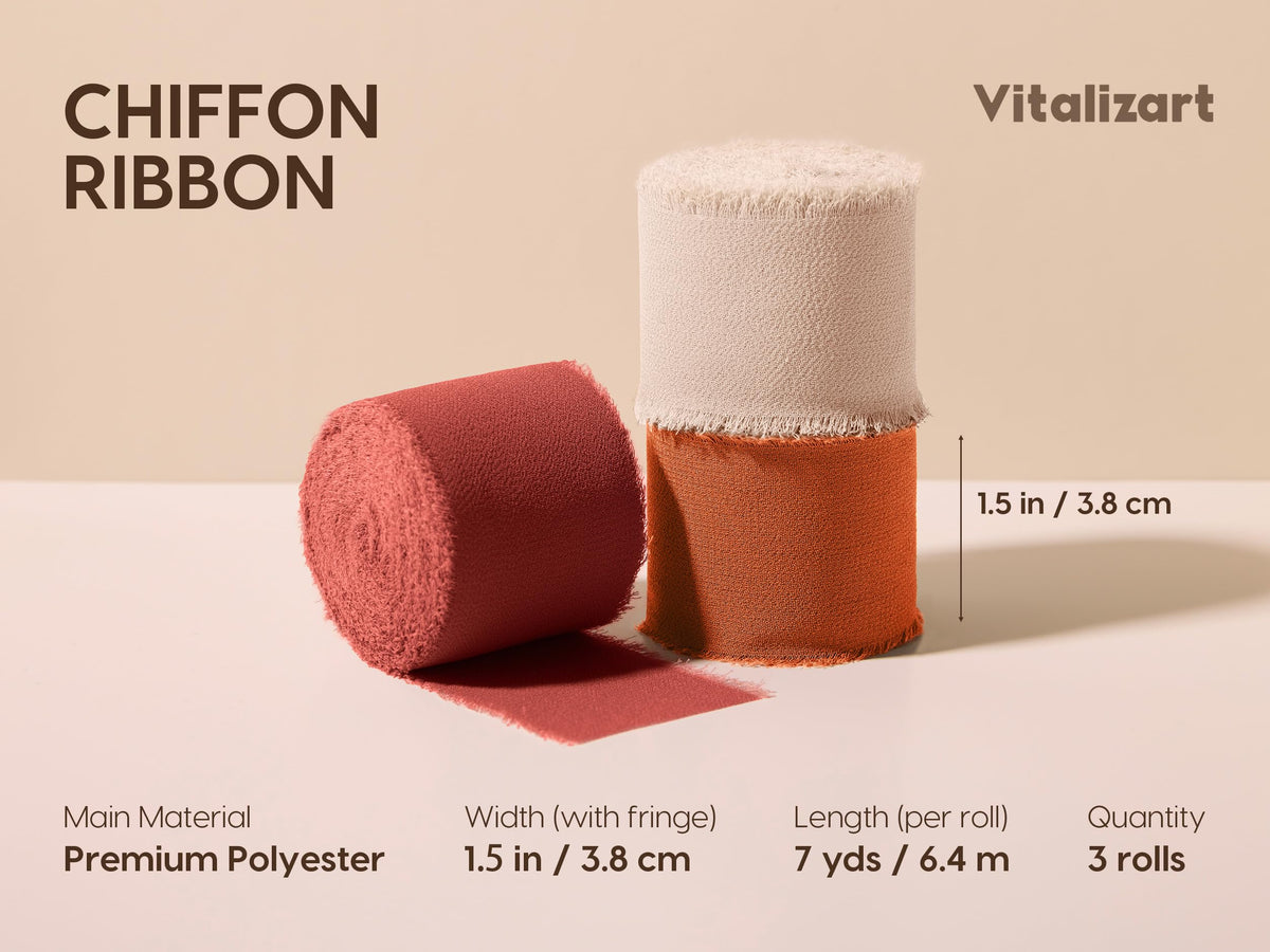 Vitalizart Fall Handmade Chiffon Silk Ribbon Fringe 1.5" x 21 Yd Terracotta Frayed Edges Ribbons for Wedding Invitations Bridal Bouquets Gifts Wrapping Crafts Holiday Party Decorations