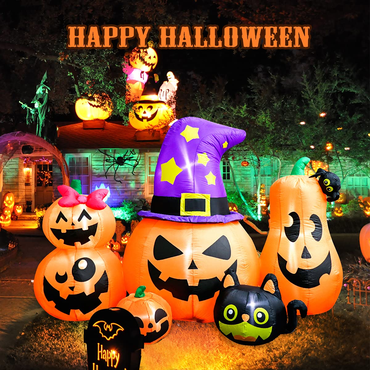 Meland 8FT Halloween Inflatable Pumpkins - Inflatable Halloween Pumpkin Lantern Family with Wizard Hat & Black Cat, Blow Up Outdoor Decor with Built-in LED Light for Yard Garden Lawn