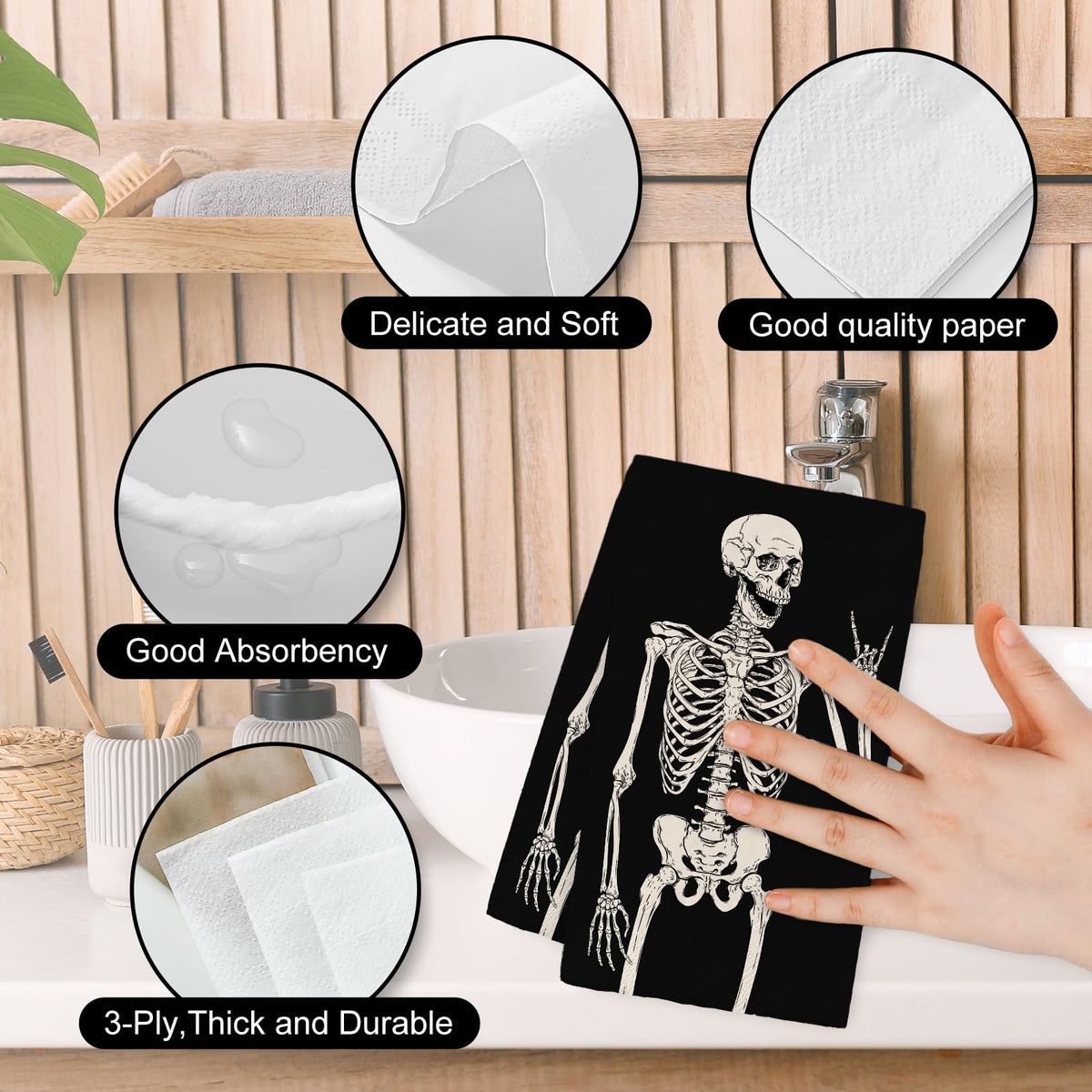 80Pcs Halloween Guest Napkin Black Skeleton Disposable Paper Napkins Dinner Hand Napkins for Home Party Supplies Table Decor