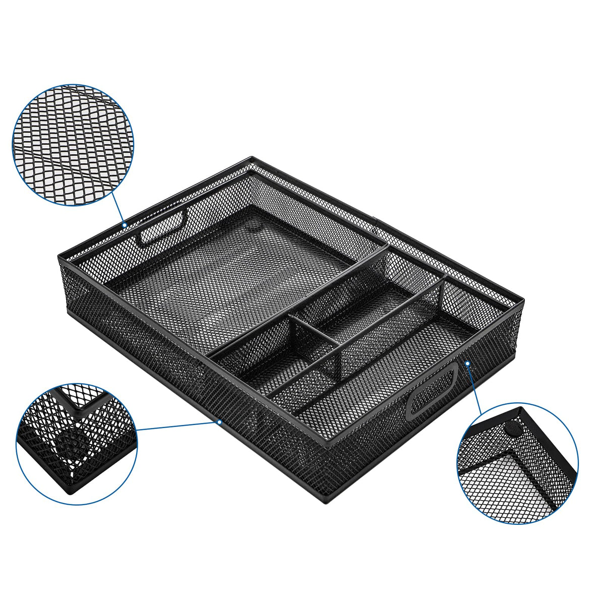 Noamus 3 Pack Office Drawer Organizer, Desk Drawer Divider Tray, Metal Mesh Desktop Basket, 6 Compartments Pen Storage Box for Makeup, Stationery, Office Supplies & Accessories, Kitchen(Black,3 Size)