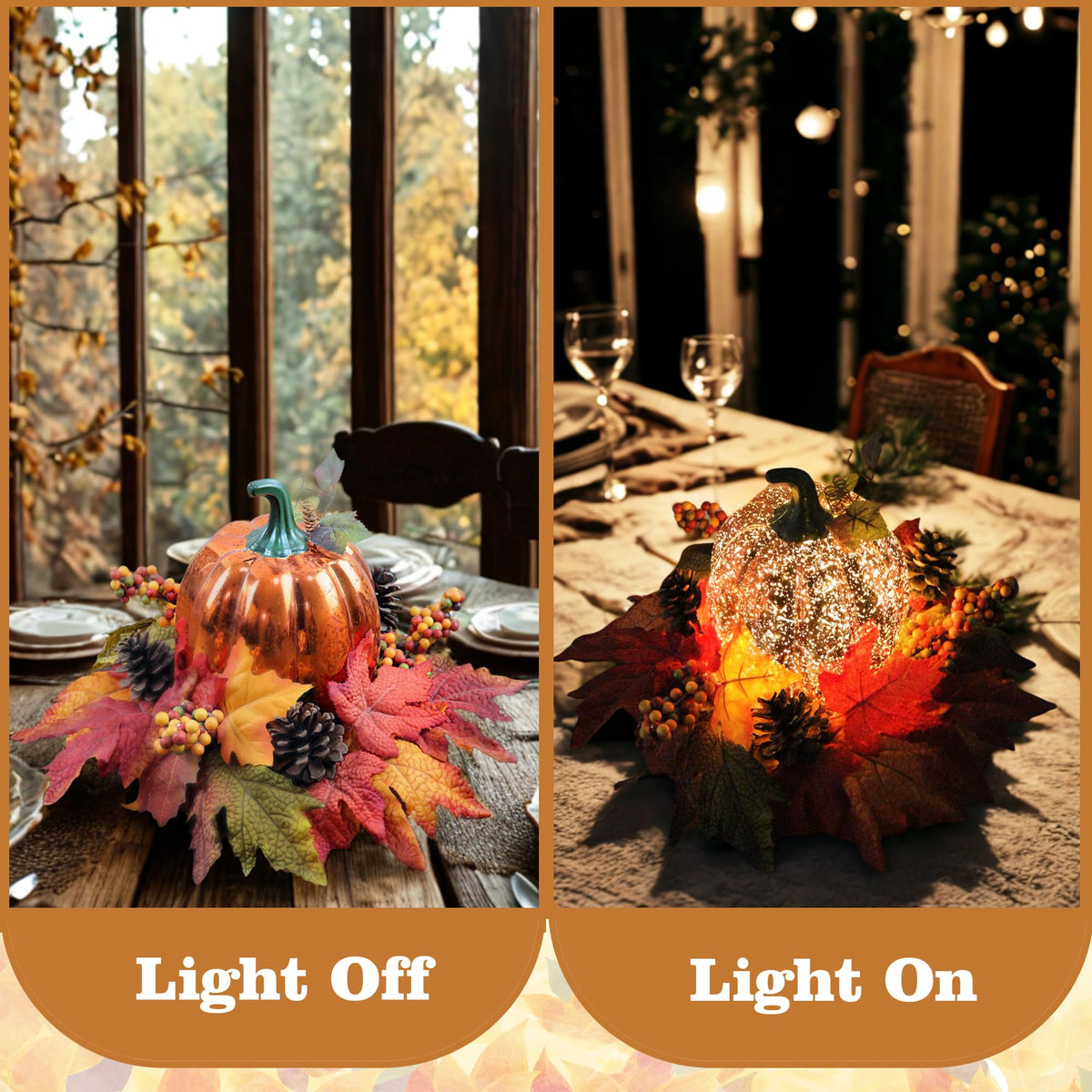 Lighted Pumpkin Fall Decor – LED Thanksgiving Decoration with Faux Maple Leaves, Berries, and Pinecones, Autumn Harvest Centerpiece for Table, Indoor and Outdoor Home Display