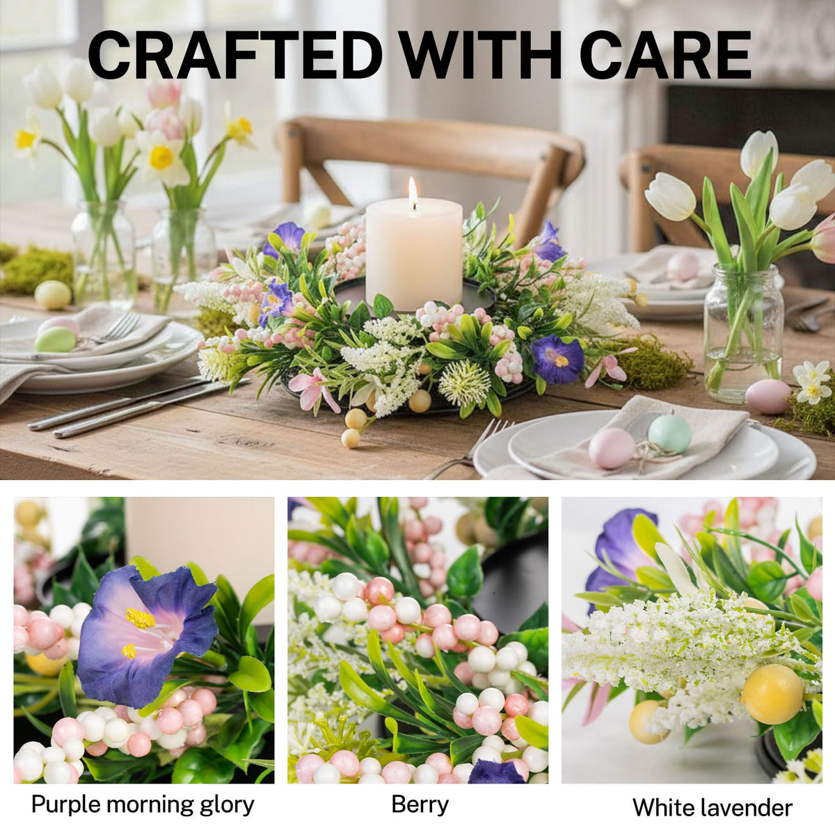 MOYEE Spring Candle Holder Centerpieces for Tables,Candle Ring, Black Metal Candlestick with an Artificial Wreath 14 in Versatile Dining Table Centrepiece (Purple Trumpet Flower Wreath)
