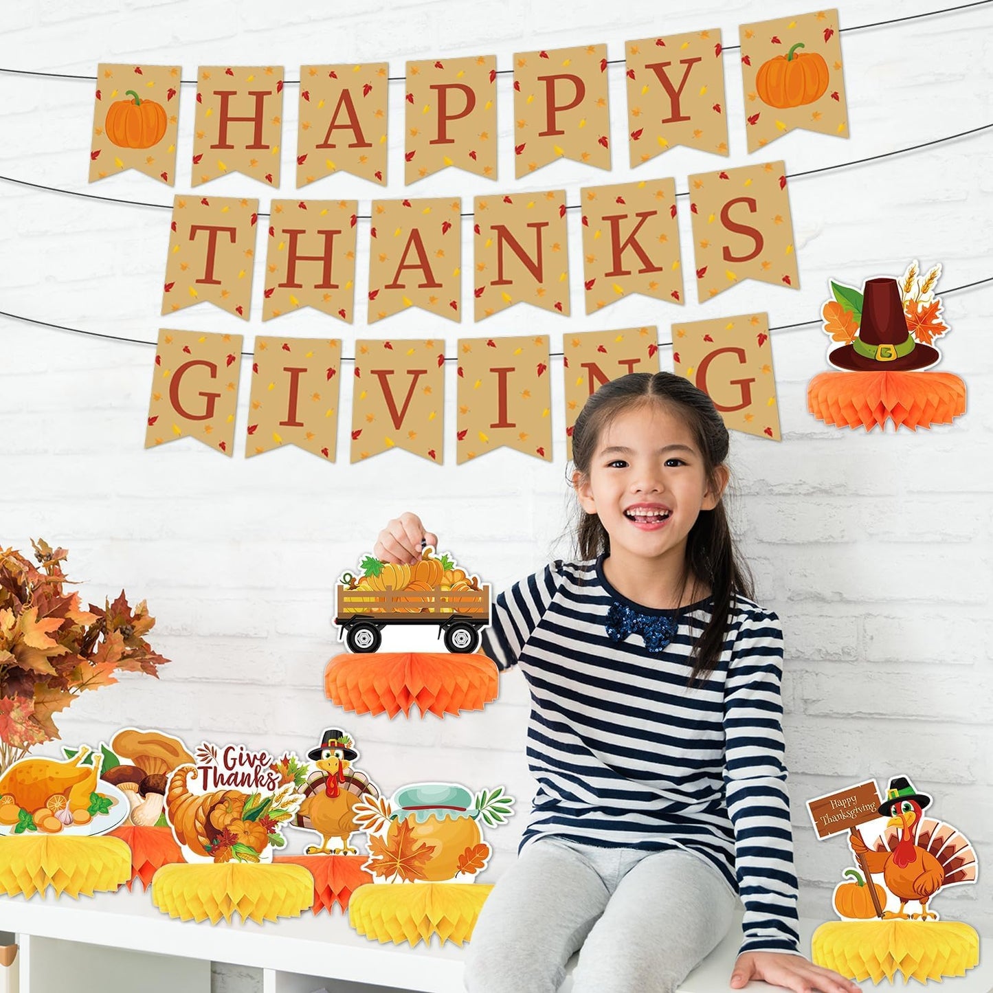 10pcs Thanksgiving Table Decorations Thanksgiving Honeycomb Centerpiece Party Decoration Thanksgiving Banner Set Fall Table Decor Turkey Pumpkin Truck for Autumn Theme Thanksgiving Party