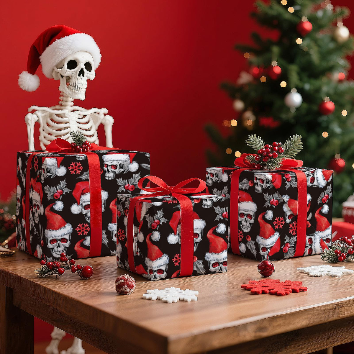 WRAPAHOLIC Skull Christmas Wrapping Paper - Mini Roll - 17 Inch x 16.5 Feet - Holly and Santa Hat Skull Wrapping Paper for Christmas, Halloween, Holiday, Party Celebration