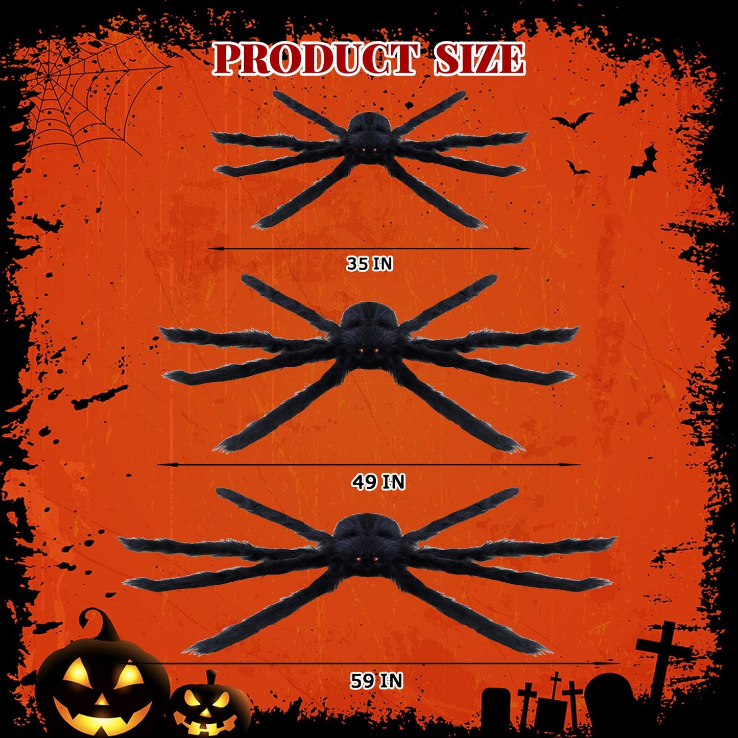 ZMCINER Large Halloween Spiders for Outside, Big Spider Halloween Decorations Realistic Scary Hairy Spiders Halloween Decorations Outdoor (59", 49", 35")