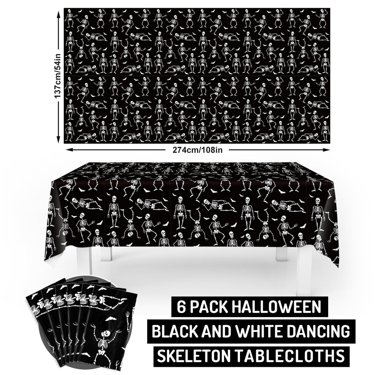 JarThenaAMCS 6 Pcs Halloween Plastic Tablecloth Funny Dancing Skeleton Table Cover Black White Disposable Table Cloth for Halloween Party Home Kitchen Dining Decor, 54 x 108 Inch