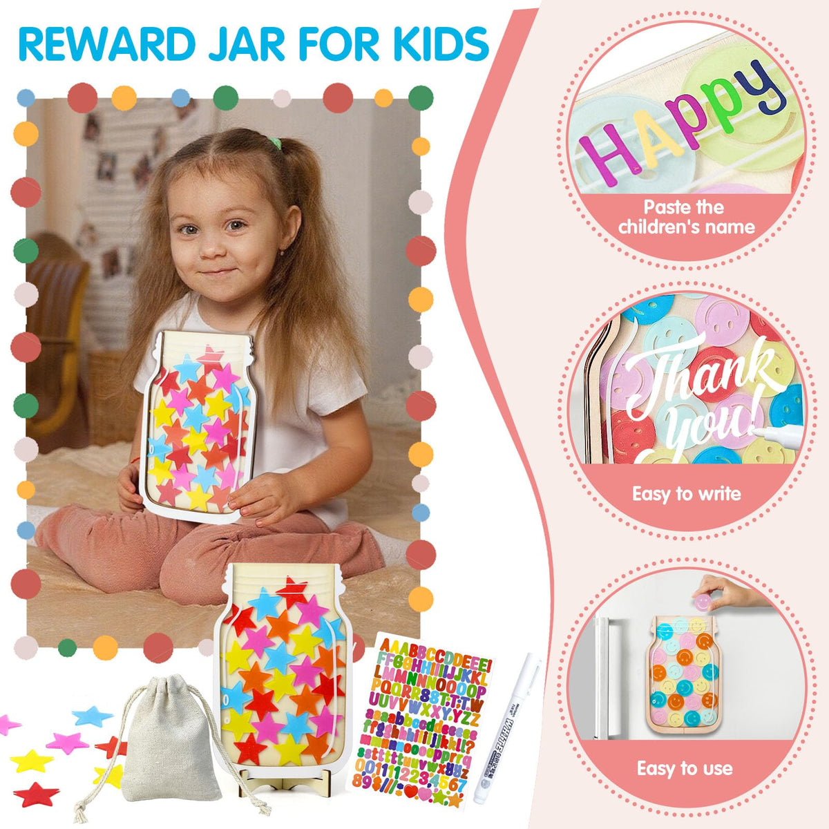 haotuntrek Magnetic Reward Jar with Star Jar for Kids - Classroom Reward Chart, Behavior Incentives System & Class Reward Tool for Home and Schoo (Star)