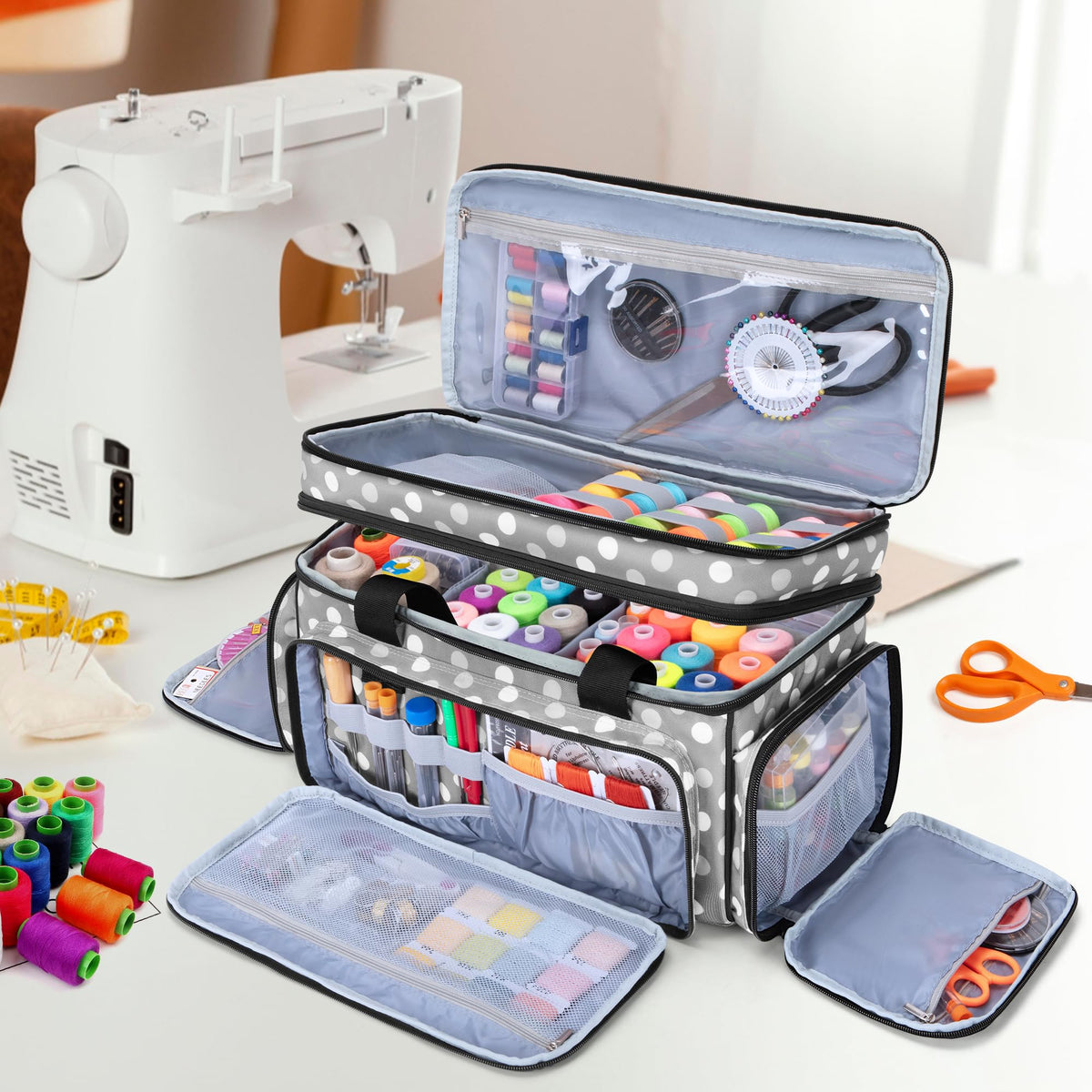 LUXJA Large 2 Layers Sewing Organizer Bag with 5 Detachable Dividers, Sewing Storage Bag for Sewing Supplies, Polka Dots