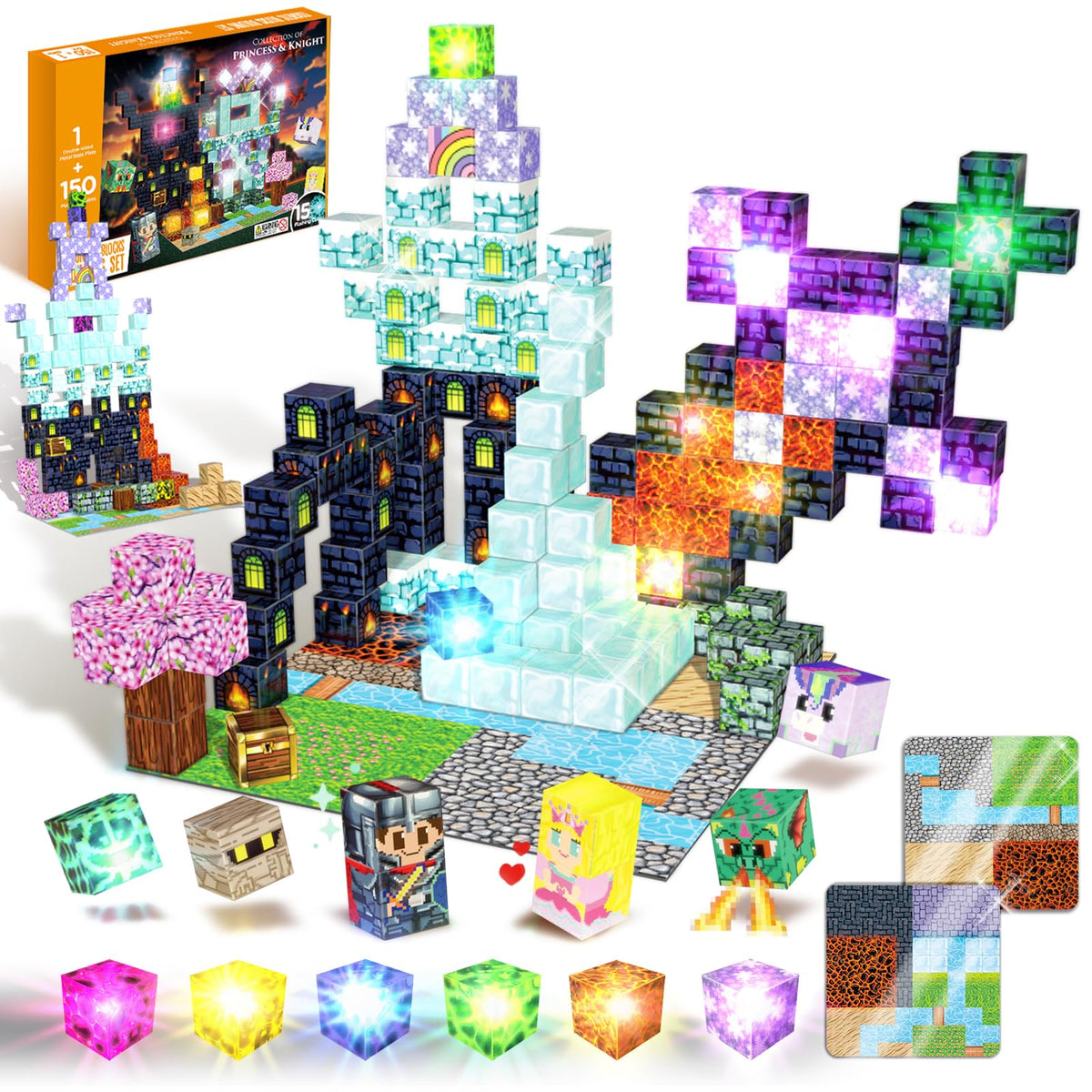 SZKLOL 150 PCS Light Up Magnetic Building Blocks for Kids, STEM Educational Building Toys with Metal Baseplate for Ages 3-8, Princess & Castle Magnetic Stacking Cubes (150 pcs, 15 Flashing Cubes)