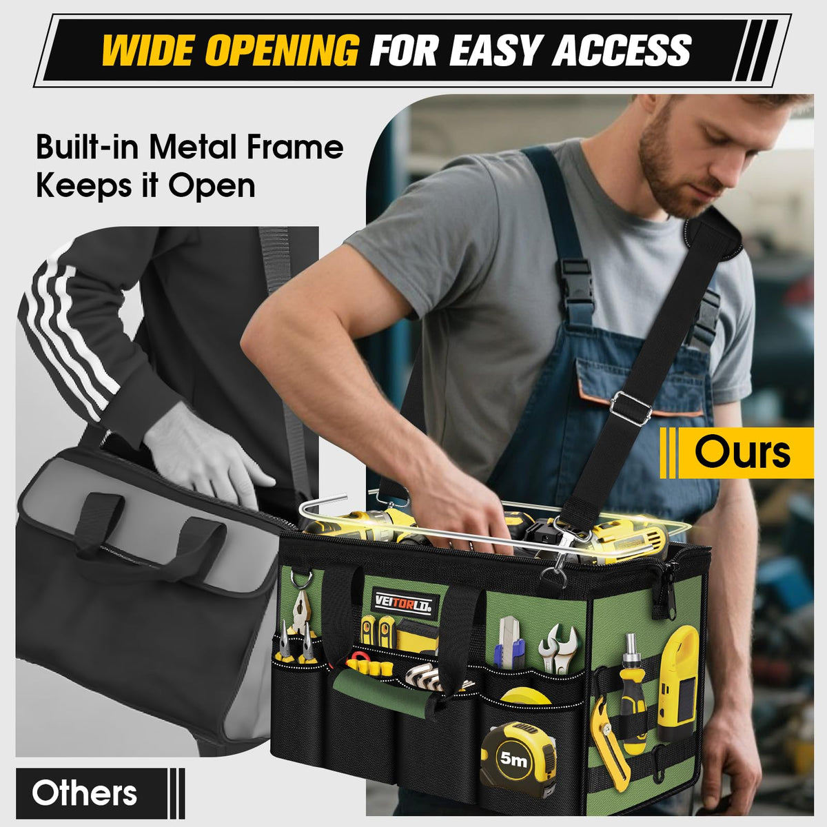 16-Inch Heavy Duty Tool Bag, 19-Pockets Tool Box Organizer, Portable Toolbag W/Soft Handle for Organized Storage, Mechanic Gifts for Men Dad Husband Fathers Day, Wide Mouth Electrician Toolbox, Green