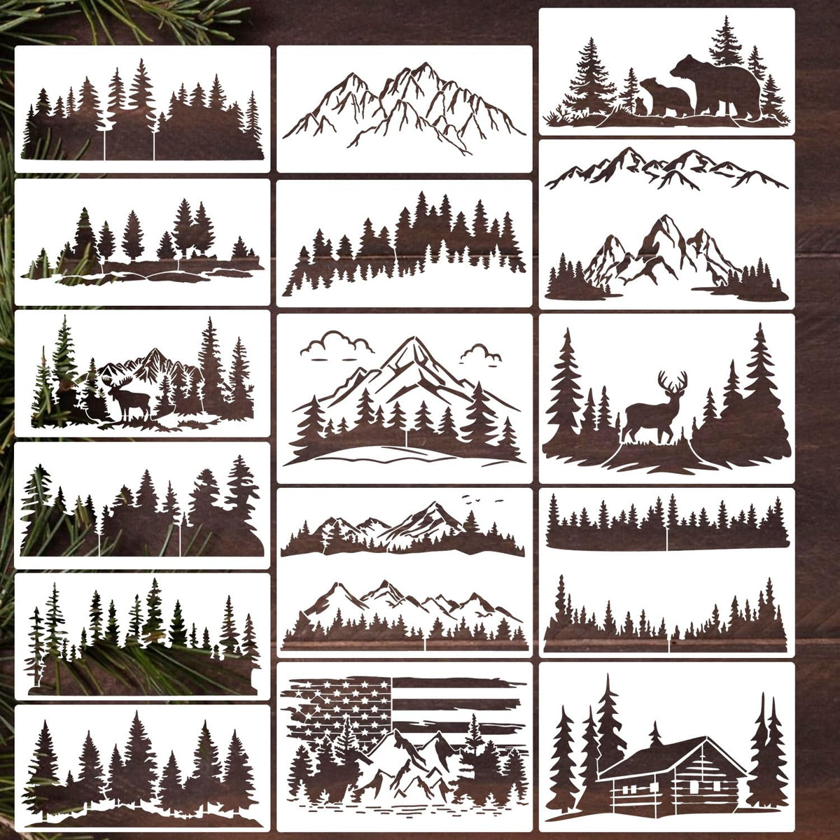 Zosylley Pine Tree & Mountain Animal Stencils for Wood Burning, Painting & Decorating, 16pcs Reusable & Washable PET Plastic, 12x8 & 12x6 Inch