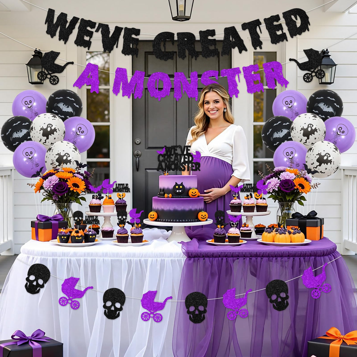 Fangleland Halloween Monster Baby Shower Decorations, Black Purle We've Created a Monster Banner Garland Cake Cupcake Toppers Balloons, Gothic Gender Reveal Pregnancy Announcement Party Supplies
