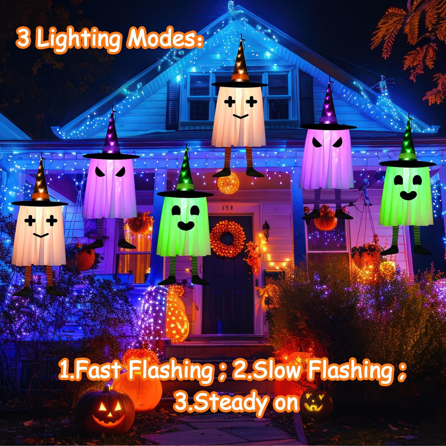 3 Pack Halloween Hanging Ghosts Halloween Decorations Outdoor, Lighted Glowing Ghosts Witch Hat with Orange Purple Green Lights, Light up Ghost for Home Yard Patio Tree