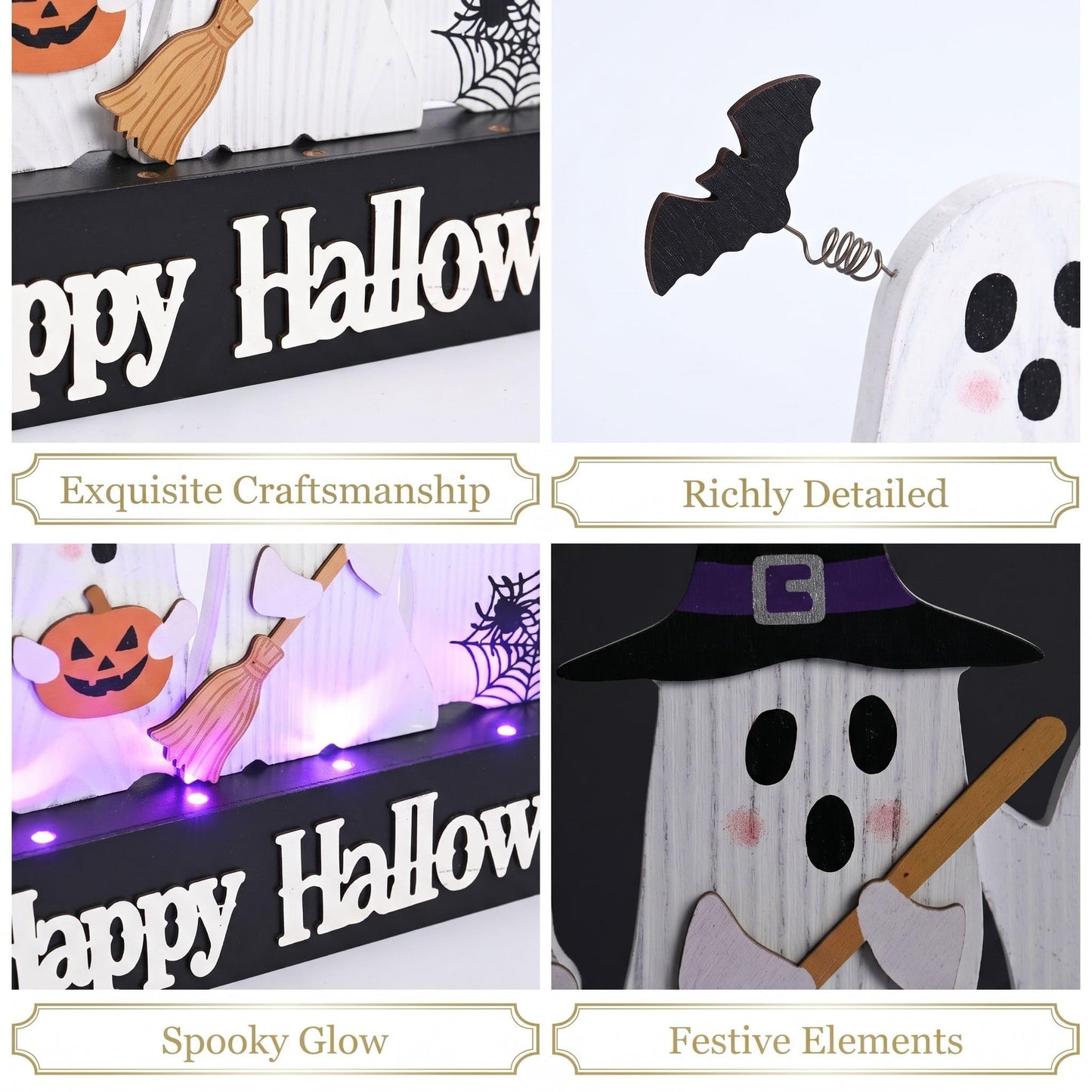 Valery Madelyn Halloween Decorations with Purple LED Lights, Lighted Halloween Ghost Decor, Tabletop Sign with Witch Hat Broom Bats Jack O Lantern for Home Party Indoor, 8 Inch