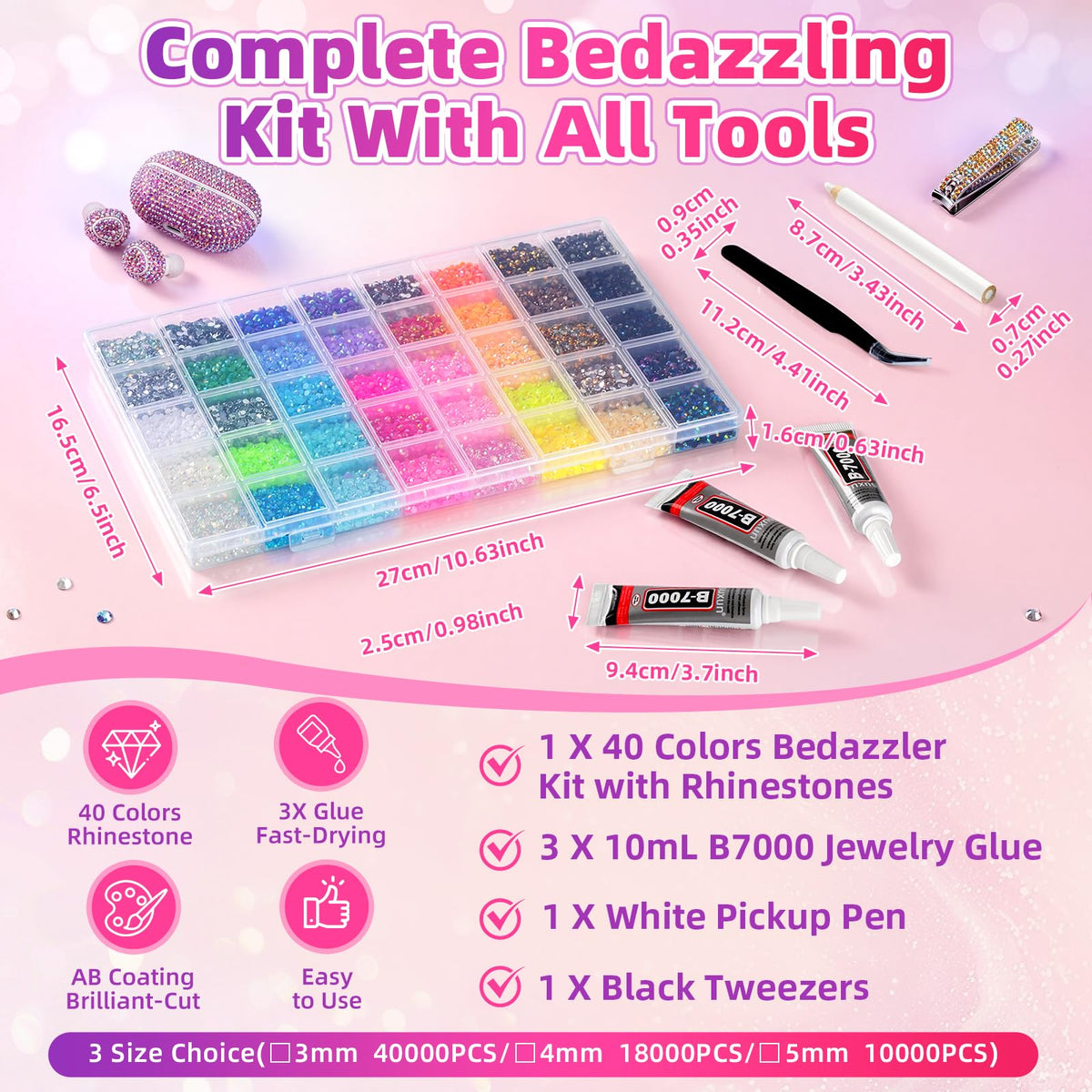 40000Pcs 40 Colors Resin Jelly Rhinestones Kit, 3mm Flatback Rhinestones with 3Pcs B7000 Jewelry Glue & Tools, Bedazzler Kit with Rhinestones, All-in-One Bedazzling Kit for DIY Arts & Crafts Gifts