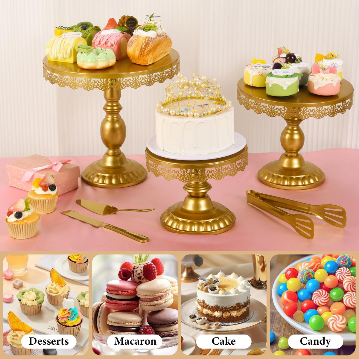 Jaevorite 12 Set of Gold Cake Stand, Metal Gold Cupcake Stand and Bases para Postres de Mesa, Elegant Gold Dessert Stands for Party and Wedding, Easy to Clean Desert Table Display Set