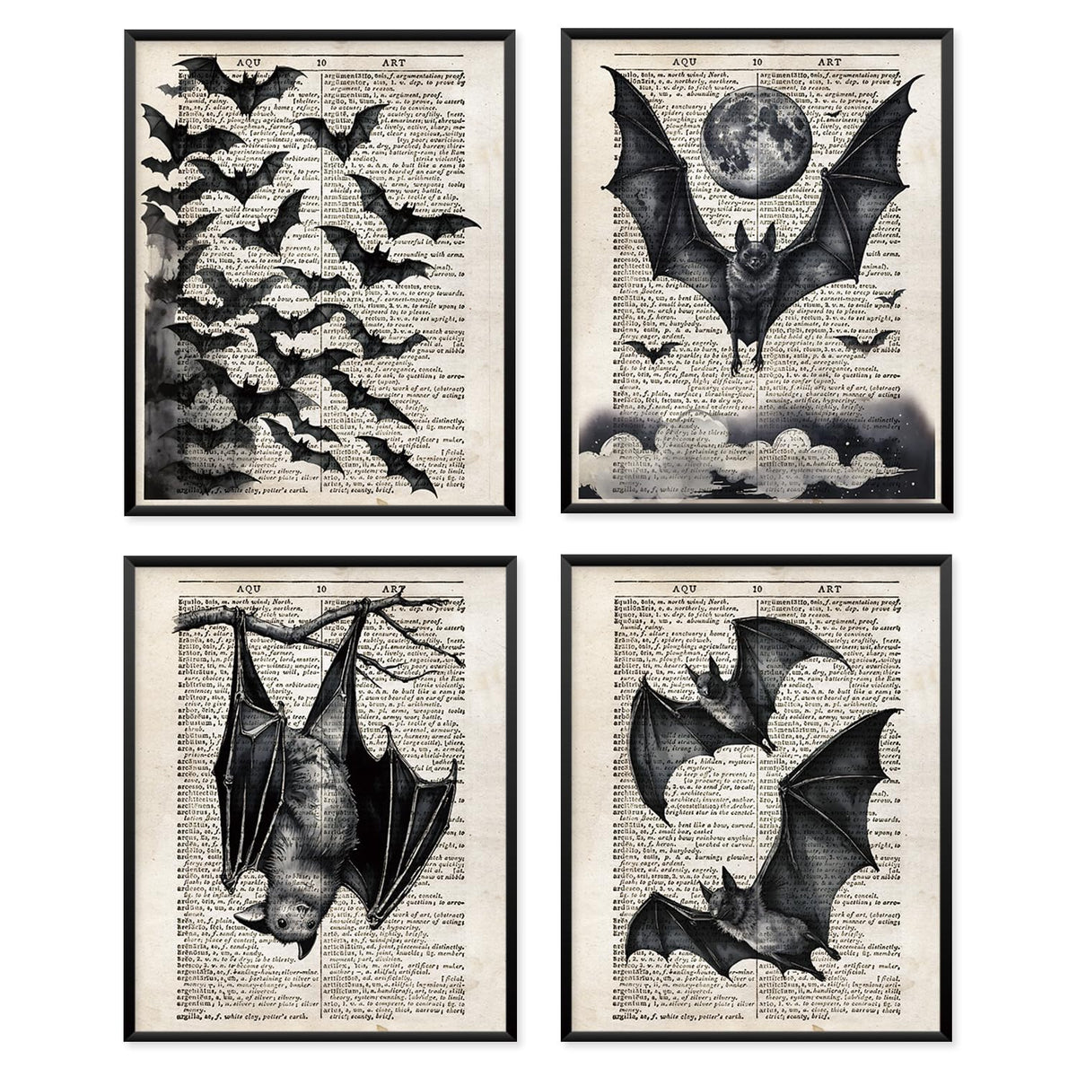 VONTP Dark Academia Gothic Bat Wall Art Decor, Gothic Room Decor, Retro Mystical Full Moon Bats Goth Prints Poster Wall Decorations for Bedroom Living Room Home, 8x10 Set of 4 (Unframed)