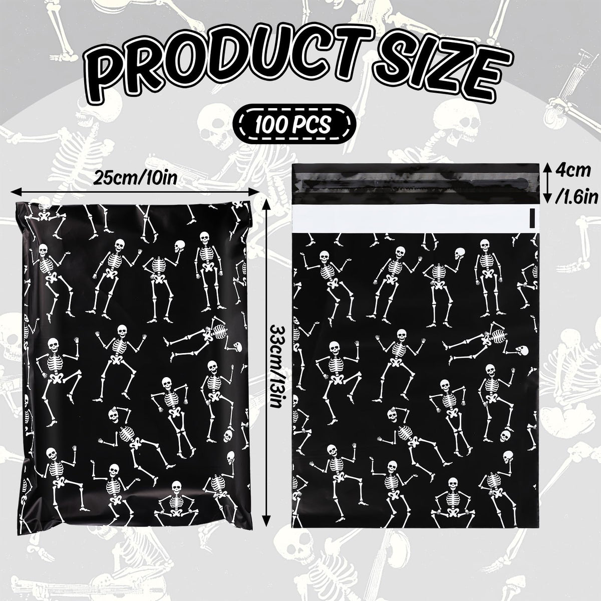 JarThenaAMCS 100Pcs Halloween Poly Mailers 10 x 13 Inch Black Dancing Skeleton Packaging Bags Self Seal Mailing Envelope Bags for Small Business Clothing
