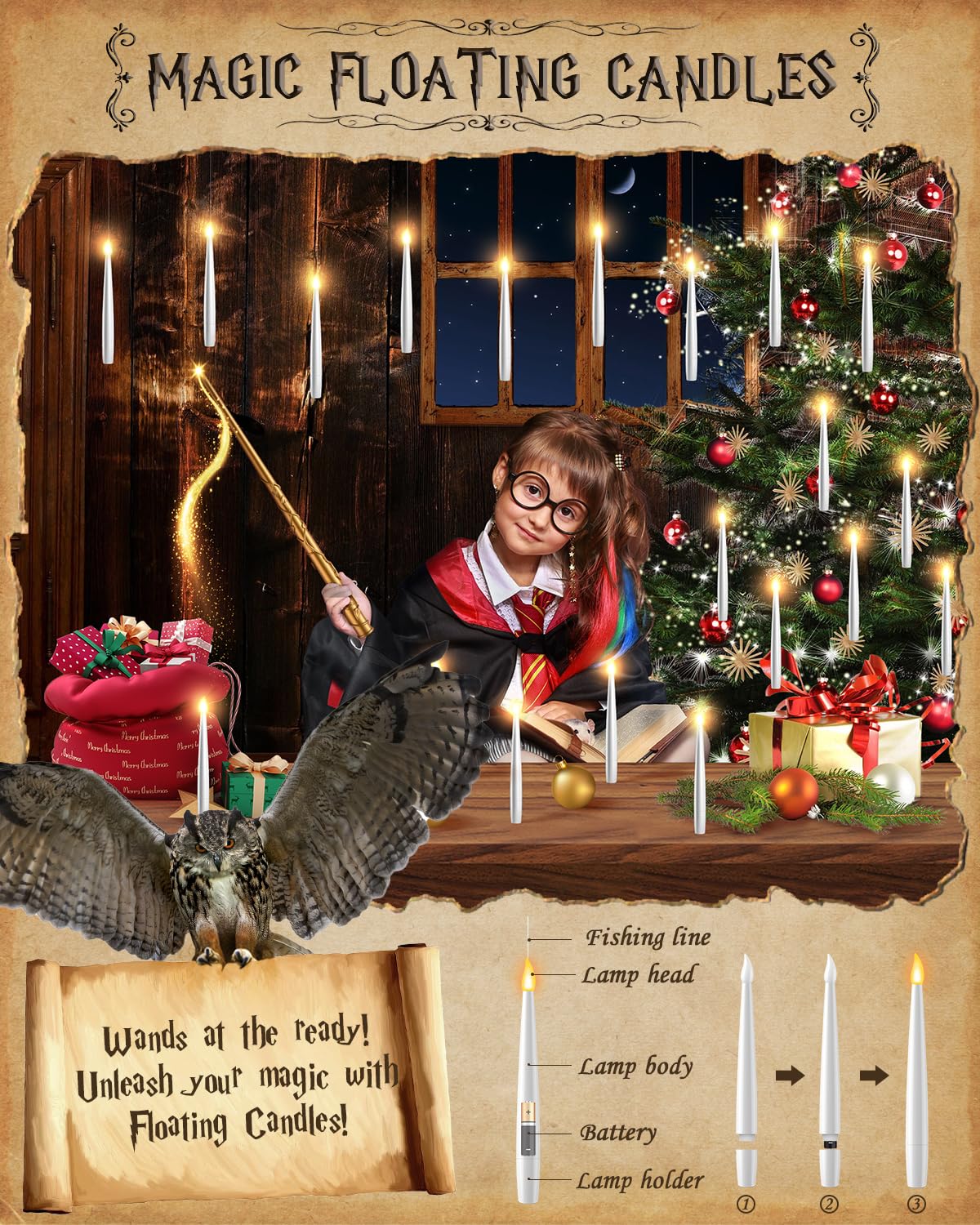 Floating Candles with Wand - 12 Pack Christmas Decorations Magic Flameless Candles Flickering Warm Light LED Hanging Candle Remote, Battery Operated Candles for Christmas Outdoor Indoor Party Decor
