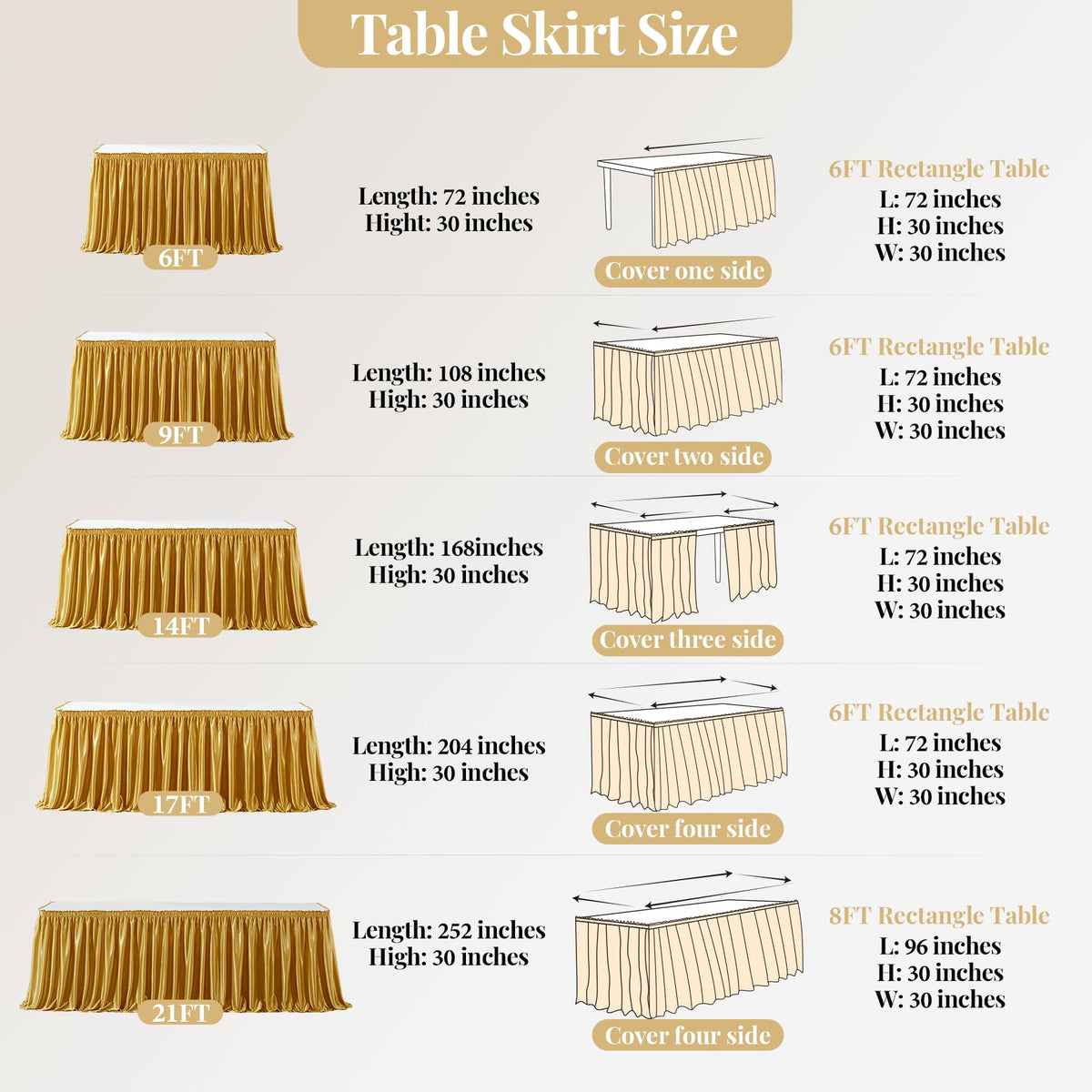 Wish Care 6ft Gold Satin Table Skirt for Rectangle Tables Wrinkle Free Glitter Desk Skirts Pleated Ruffle Table Cloth for Wedding Birthday Graduation Cocktail Party Buffet Display Table Decorations