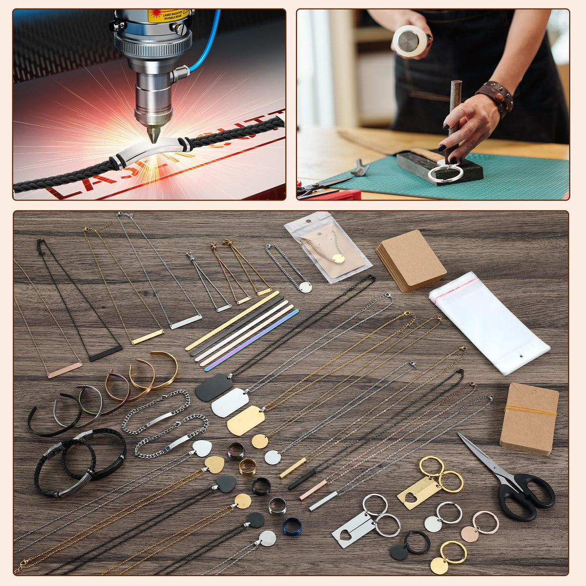 Quelay 99 Pcs Laser Engraving Materials Bulk Include 46 Jewelry Making Engraving Accessories Kit Necklace Bracelet Ring Keychain with Laser Marking Paper for Laser Engraver DIY Crafting Supplies