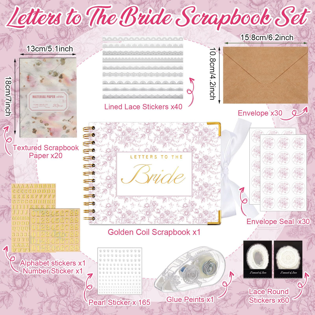Humyoun Wedding Guest Book Letters to The Bride Scrapbook Wedding Memory Book Bridal DIY Blank Paper Scrapbook Photo Album Guest Sign with Pearl Stickers(8.5 x 7 Inch,Floral,Pink)