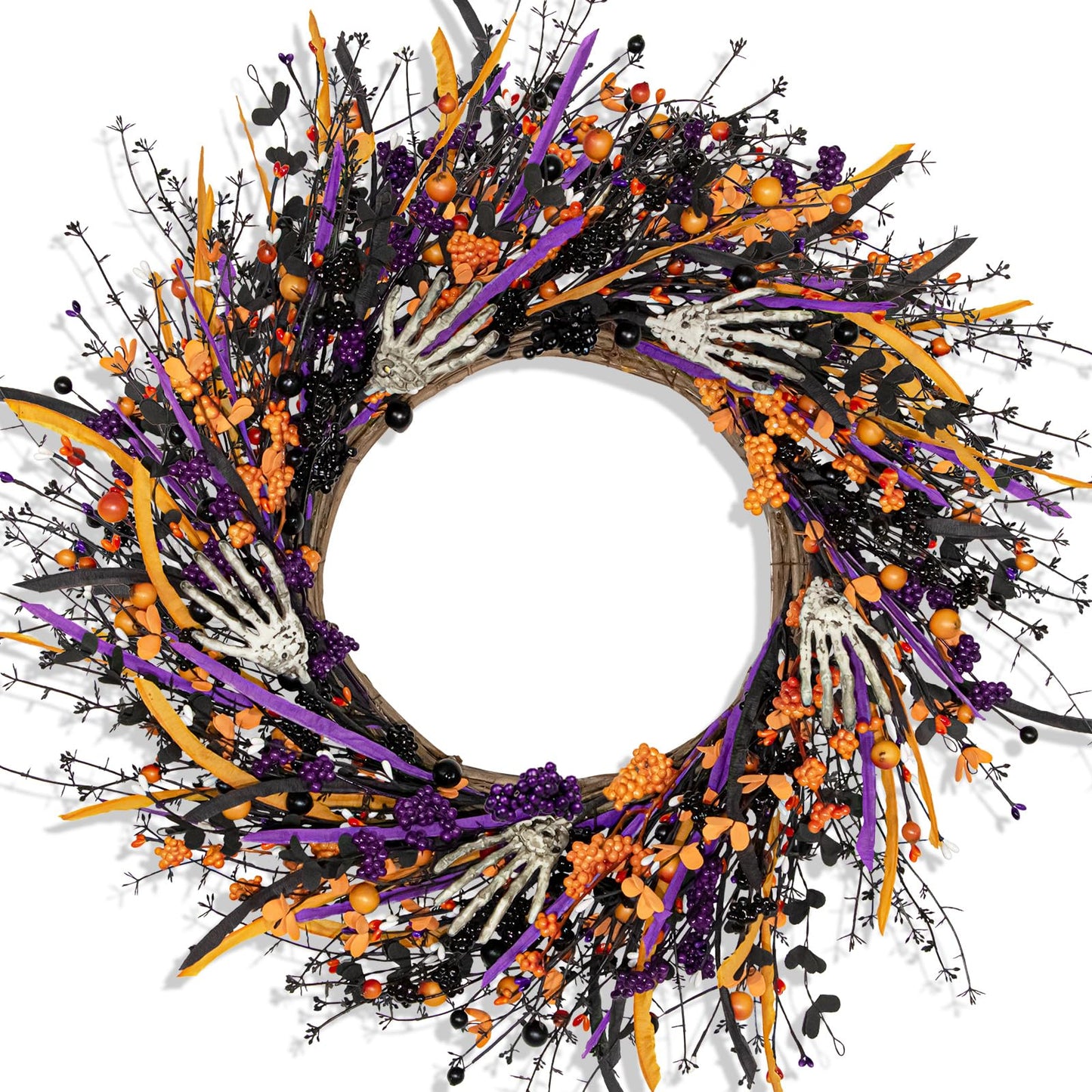 VioletEverGarden Halloween Wreaths for Front Door 22 Inch Skeleton Black Wreath Handmade Halloween Door Wreath with Purple and Orange Berries for Gothic Decorations