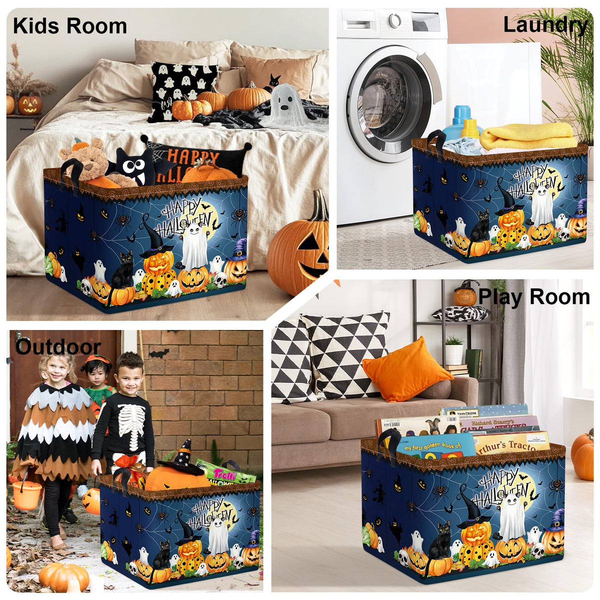 HUUMONSS Halloween Baby Storage Basket Ghost Bat Pumpkin Collapsible Clothes Kids Laundry Hamper Large Boys Girls Gift Toy Box Bin for Nursery Room,Hat Witch,40*30*30 cm