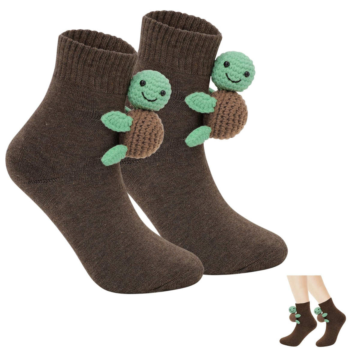 Whaline 3D Knit Animal Sock Turtle Socks Brown Funny animal Hug Cotton Socks for Holiday Christmas Party Gift Supplies, 1 Pair