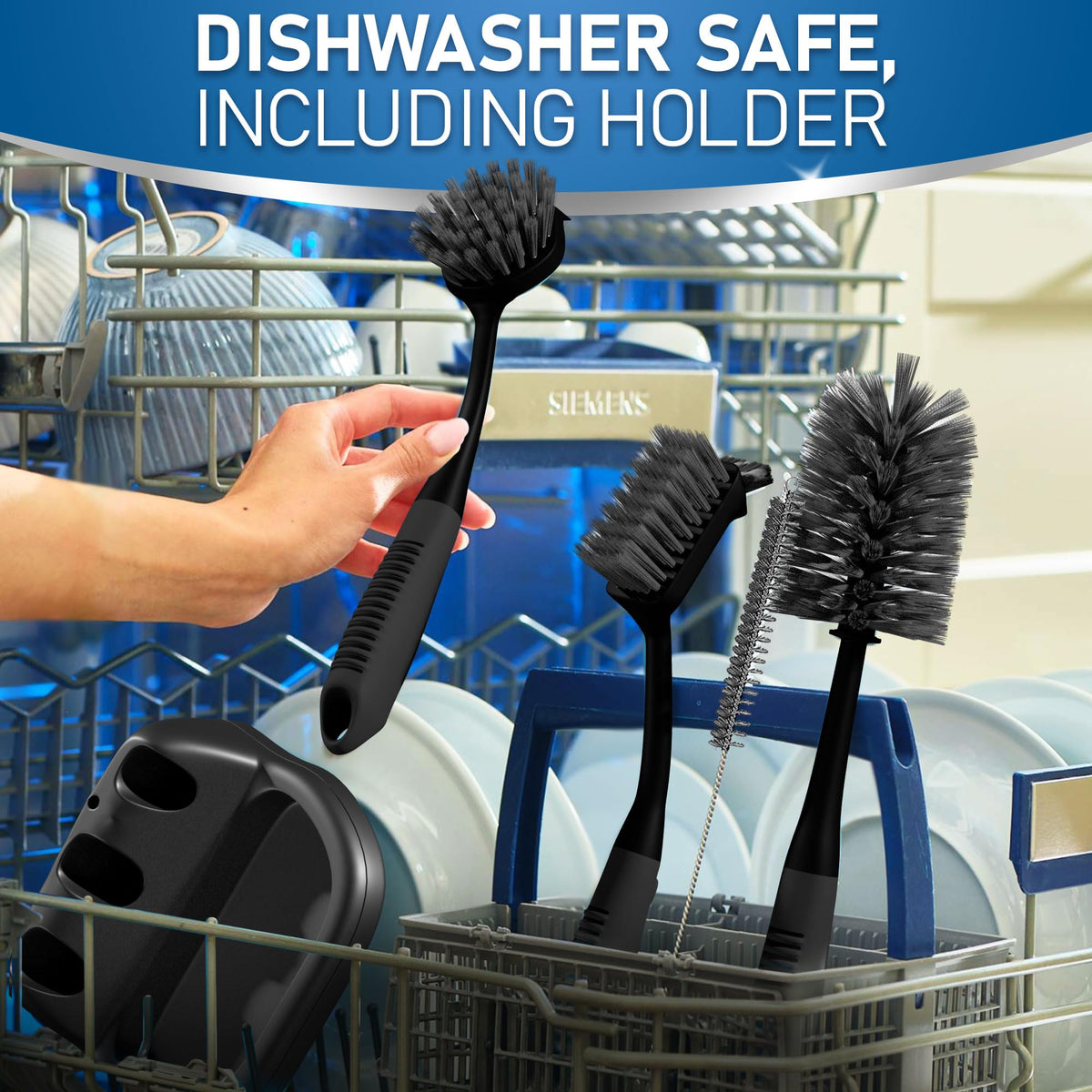 Dish Brush Set of 5 with Holder - Kitchen Scrub Brushes with Non-Slip Long Handle for Cleaning, Scrubber, Dishwashing, Dishes, Bottles, Straws, Cups, Pots & Sink, Black