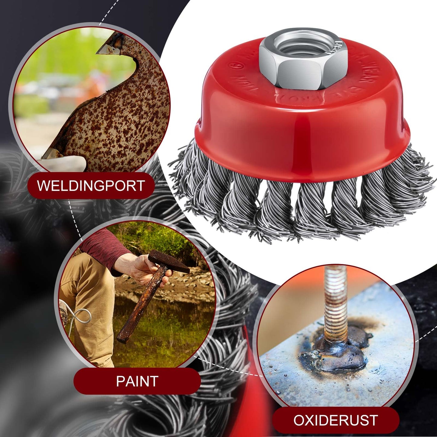 Tandefio 36 Pcs 3 Inch Wire Wheel Cup Brush with 5/8"-11 Threaded Arbor for 4 1/2 Angle Grinder Knotted Wire Cup Brush for Heavy Cleaning Rust Removal