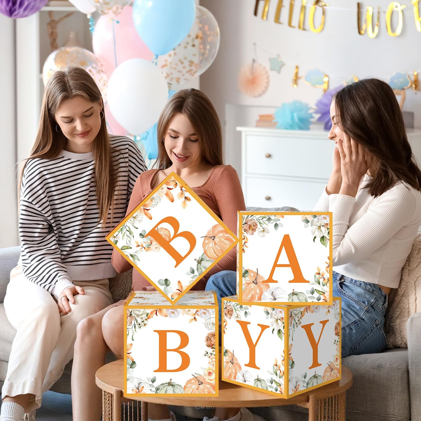 AmazingSpark 4 Pcs Little Pumpkin Baby Shower Boxes with Letters Fall Pumpkin Candy Box Decor with Letters Blocks Baby Shower Centerpiece for Party Backdrop