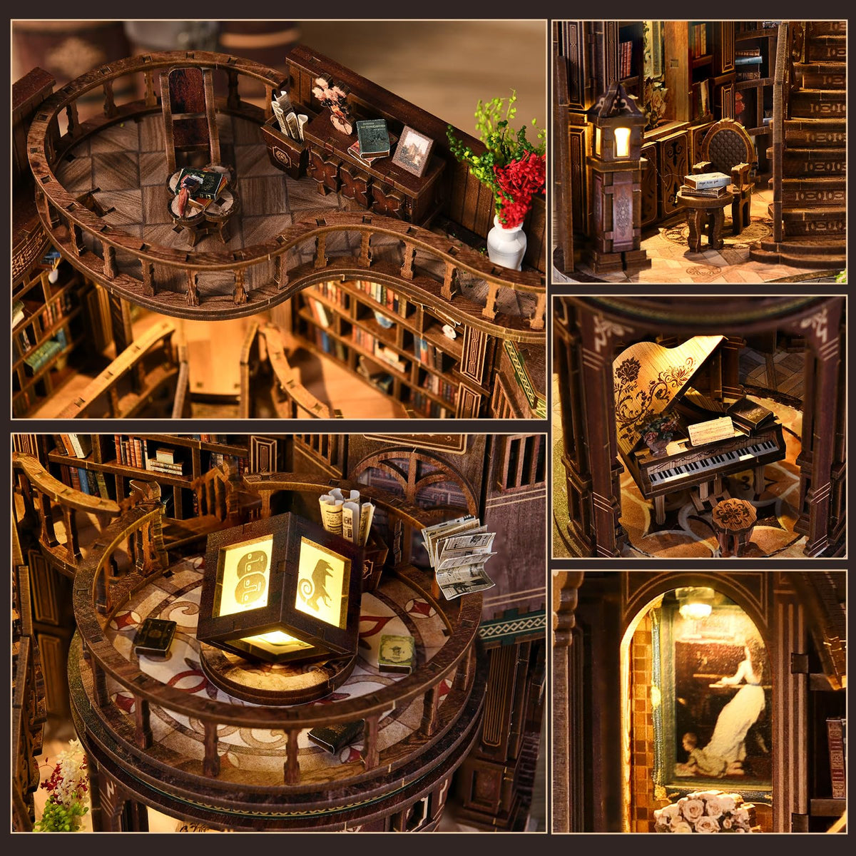 DIY Miniature House Kit, Book Nook Kit, 3D Wooden Puzzles Bookshelf Craft Kits, Dollhouse Kit with LED Light, Mini Building Kit for Adults Teen to Build (Dreamy Book Hall)