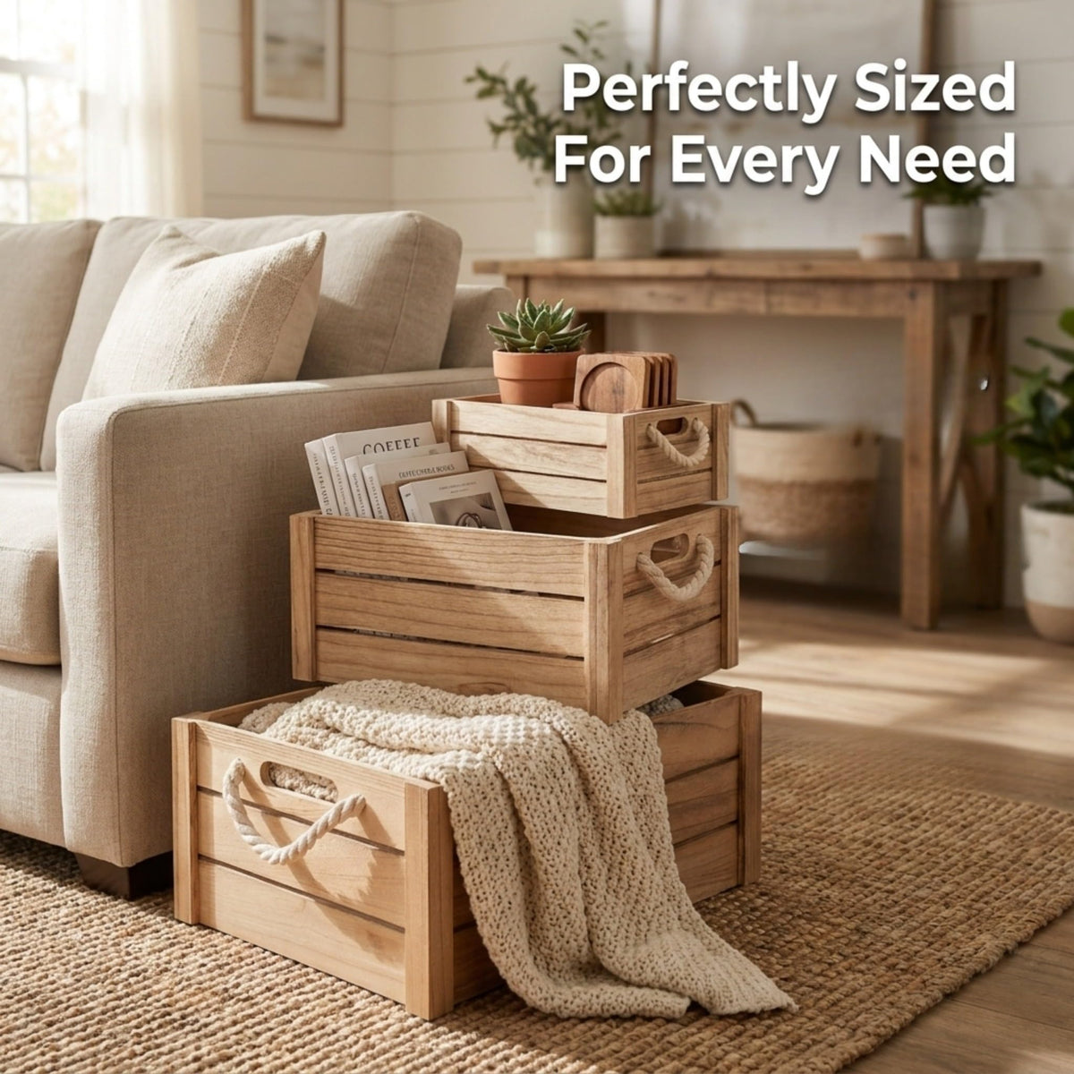 Set of 3 Rustic Nested Wooden Crates with Rope Handles - Decorative Farmhouse Storage Boxes for Kitchen, Living Room & Bathroom - Modern Wood Grain Home Organization