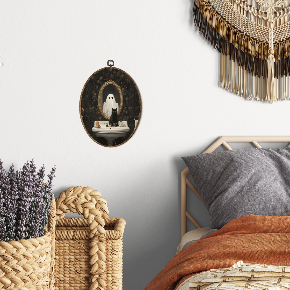 OINDADE Halloween Ghost Bathroom Oval Wall Art Decor, Fall Spooky Ghost Wall Art Hanging Decor, Halloween Fall Season Gothic Black Cat Framed Canvas Artwork for Bathroom Washroom Toilet, 8.8x11.5in