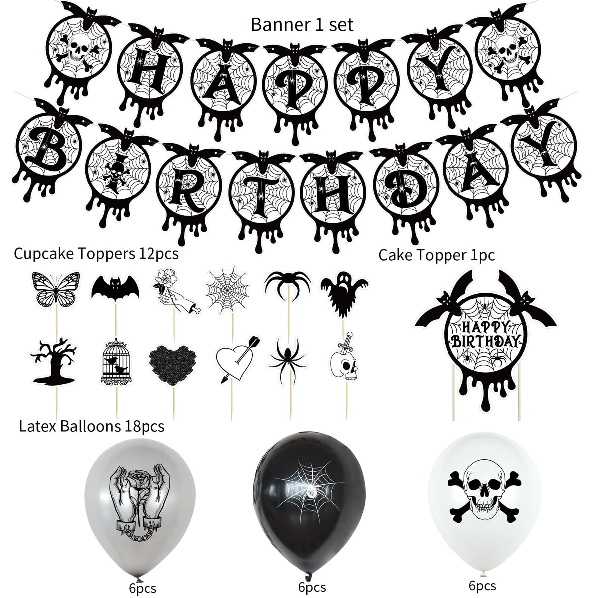 Gothic Black and Silver Horror Theme Birthday Party Supplies Funeral Decorations with Balloons Die Cut Skulls Hearts Ghosts Bats Spiders and Screaming Faces Halloween Party Supplies